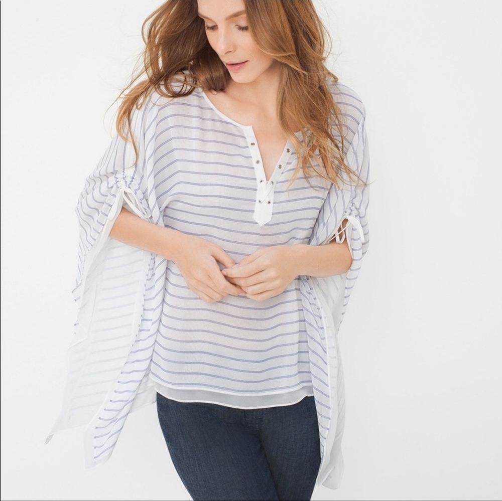 🆕 WHBM Blue and White Beachwood Stripe Lace-up Beach Boho Poncho Top, Size M